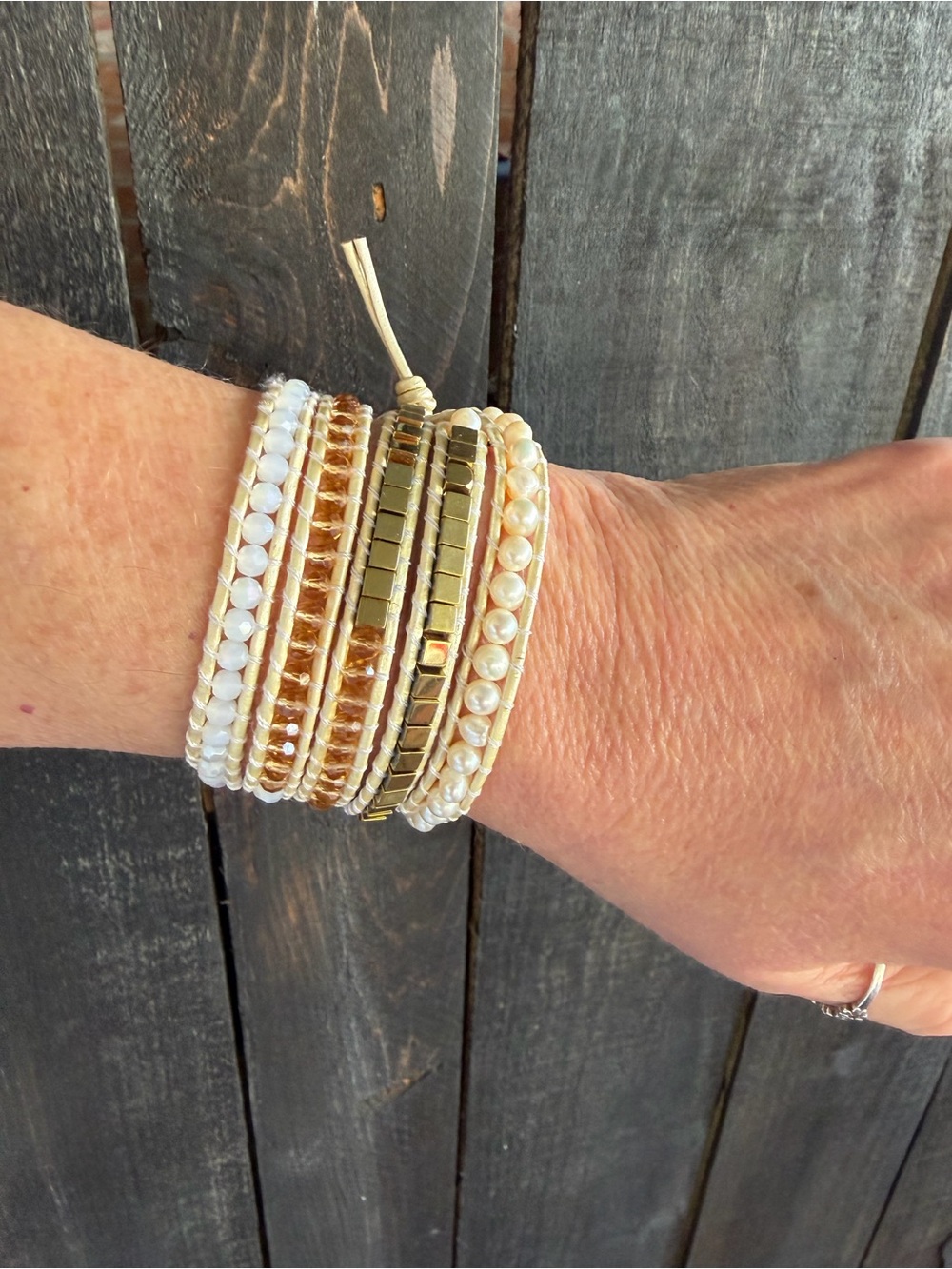 Victoria Emerson Gold and Cream Multi-Row Beaded Wrap Bracelet EUC